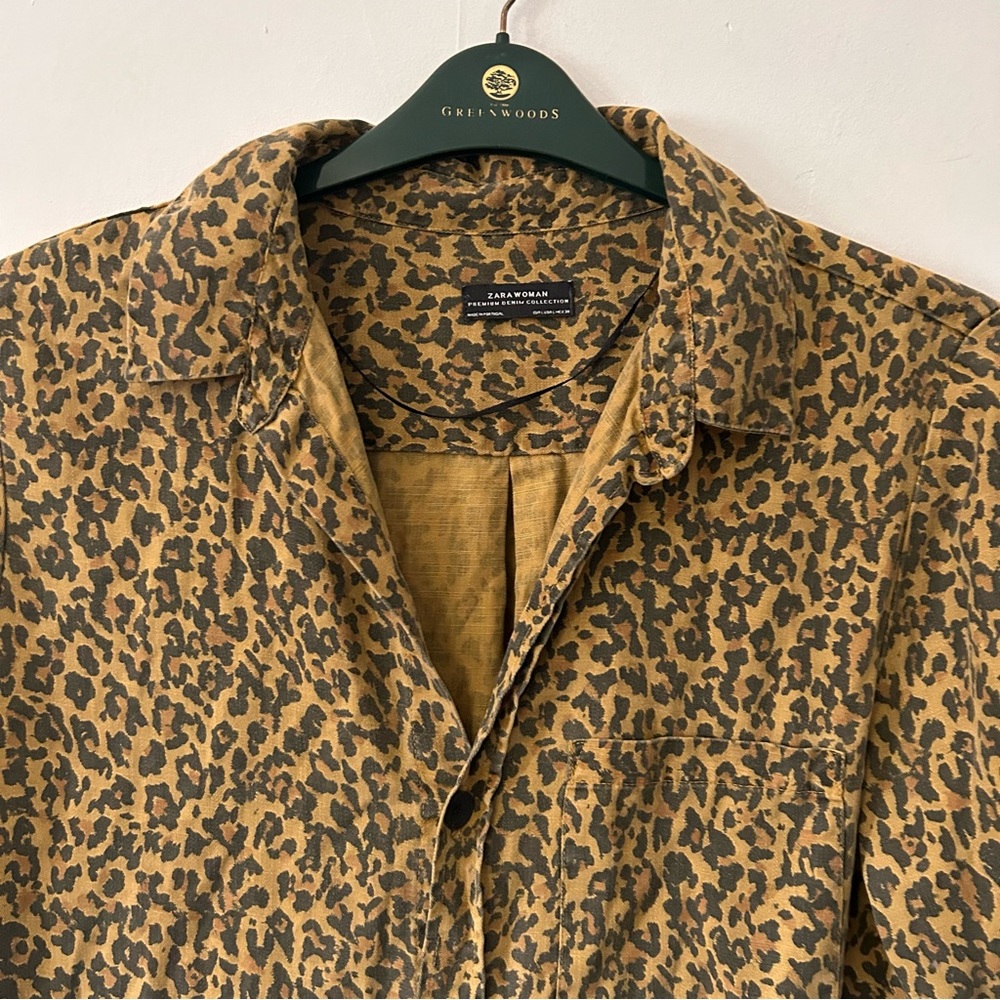 zara permium denim womens uk 16 leopard print brown collared long sleeve top - Picture 2 of 8